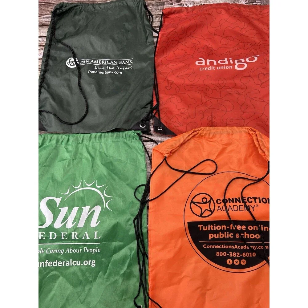 Lot of 14 Unused String Backpacks Rainbow of Colors With Brands, Some Zippered